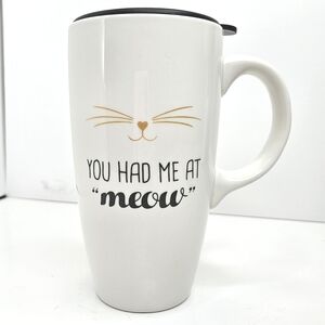 Avon Cat Graphic Travel Mug Ceramic White Black Gold NWOT